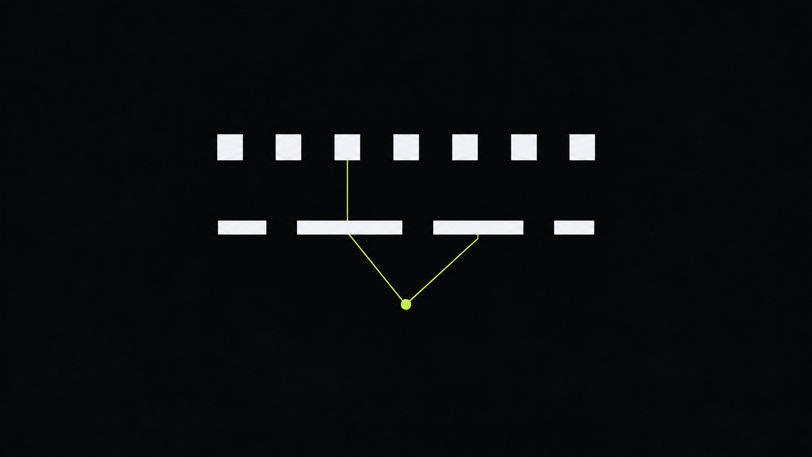 Two rows of small shapes, a row of identical squares above a row of differently sized rectangles, with two lines converging into a single dot below them.