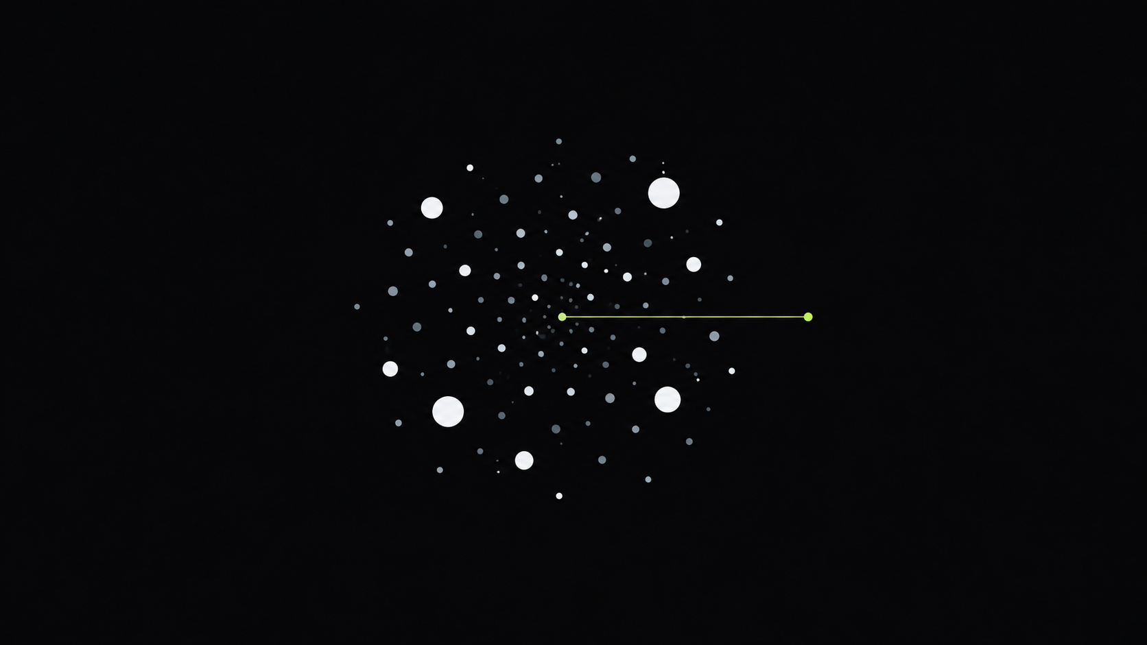 A loose cloud of small and slightly larger circles scattered with no order, with a single thin line extending from their centre to a point on one side.