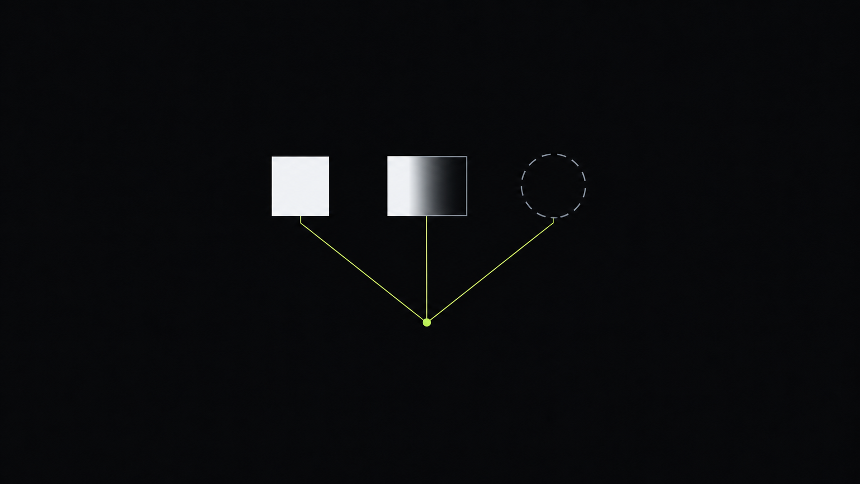 Three shapes in a row — a solid square, a rectangle fading from solid to outline, and a circle drawn only as a loose dashed ring — linked by a thin lime line converging to a single point beneath them.